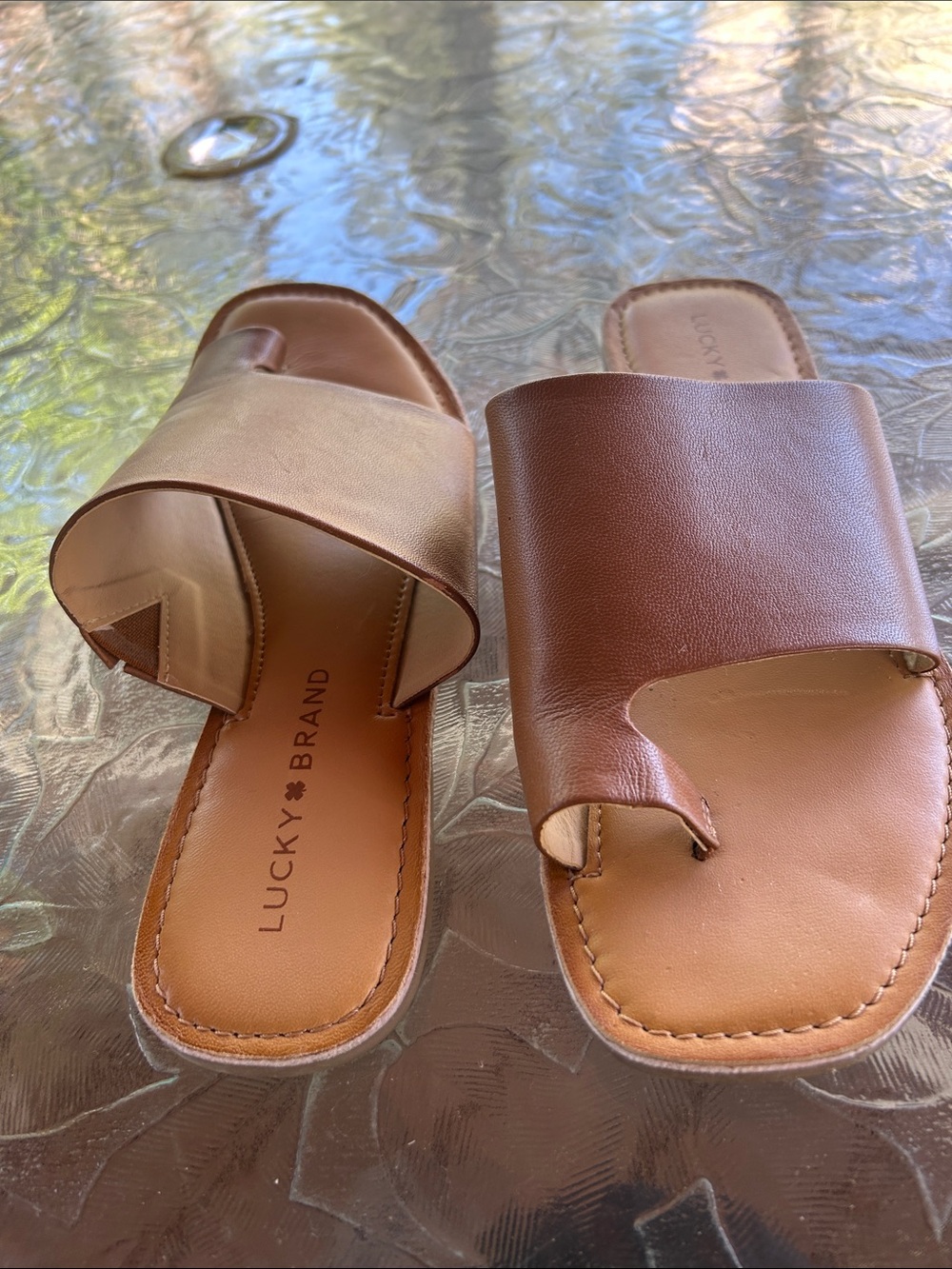 Lucky Brand Two-Tone Brown/Tan Leather Slide Sandals with toe loop